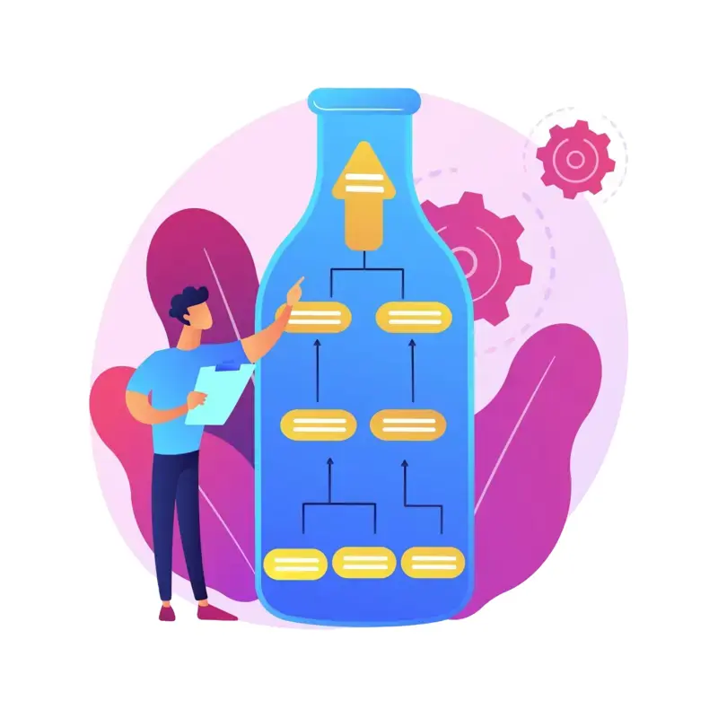 A cartoon styled image of a man pointing along a progress tree, allowing the bottlenecked process to pass